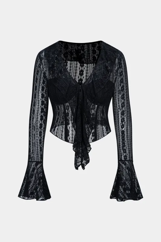 Lace Bustier Ruffle V-Neck Long-Sleeve Top sold by Micas