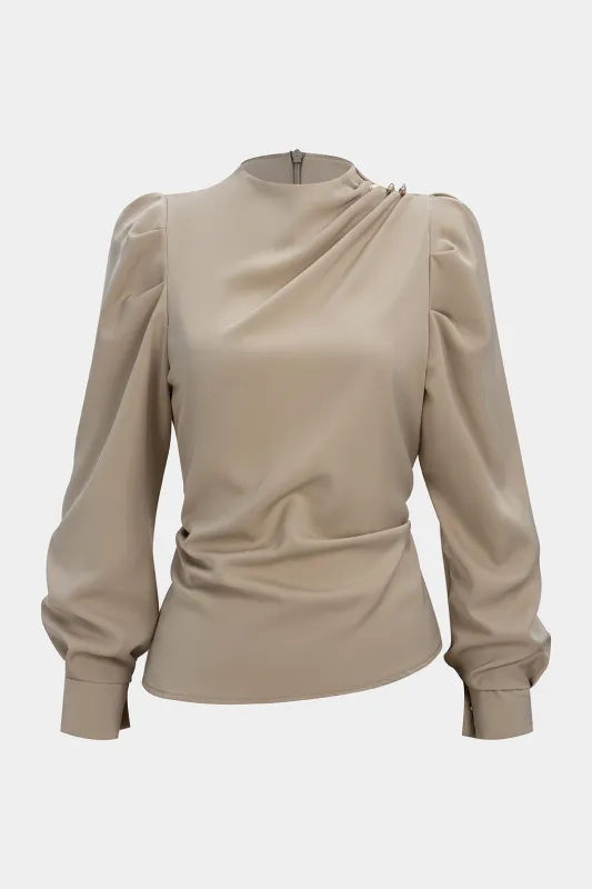 Satin Ruched Zipper Asymmetrical Long-Sleeve Shirt sold by Micas