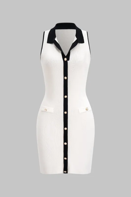 Knit Lapel Contrast Button Sleeveless Dress sold by Micas
