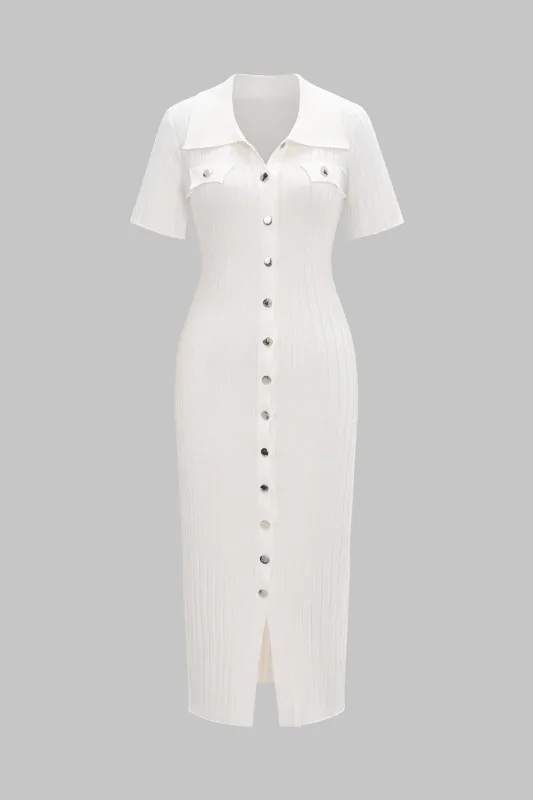 Knit Button Collar Ribbed Short Sleeve Dress sold by Micas