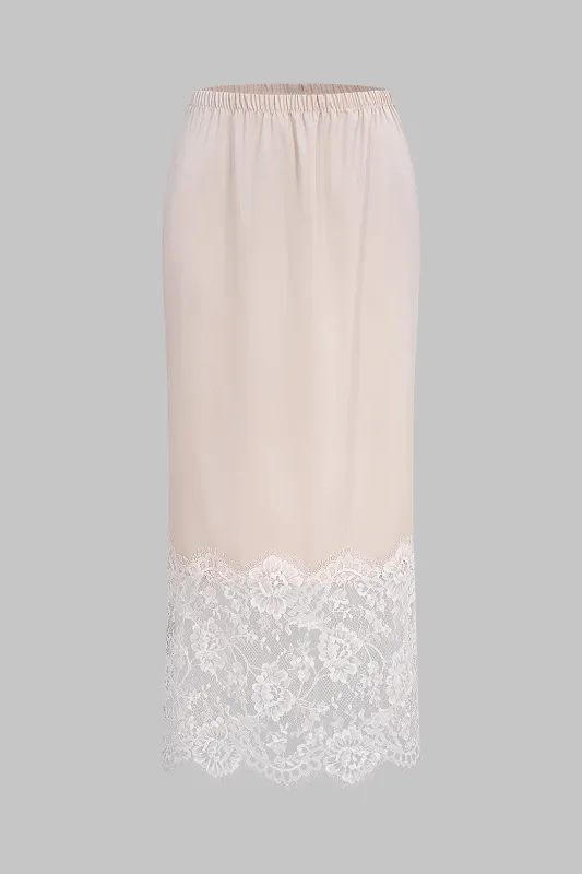 Satin Patchwork Lace Side Slit Skirt sold by Micas