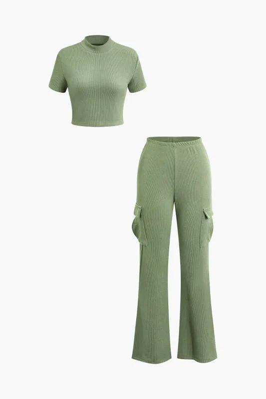 Stripes Short Sleeves Top And High Waist Pocket Pants Set sold by Micas