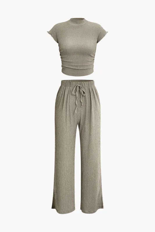 Half-High Collar T-Shirt And Drawstring High Waist Pants Set sold by Micas
