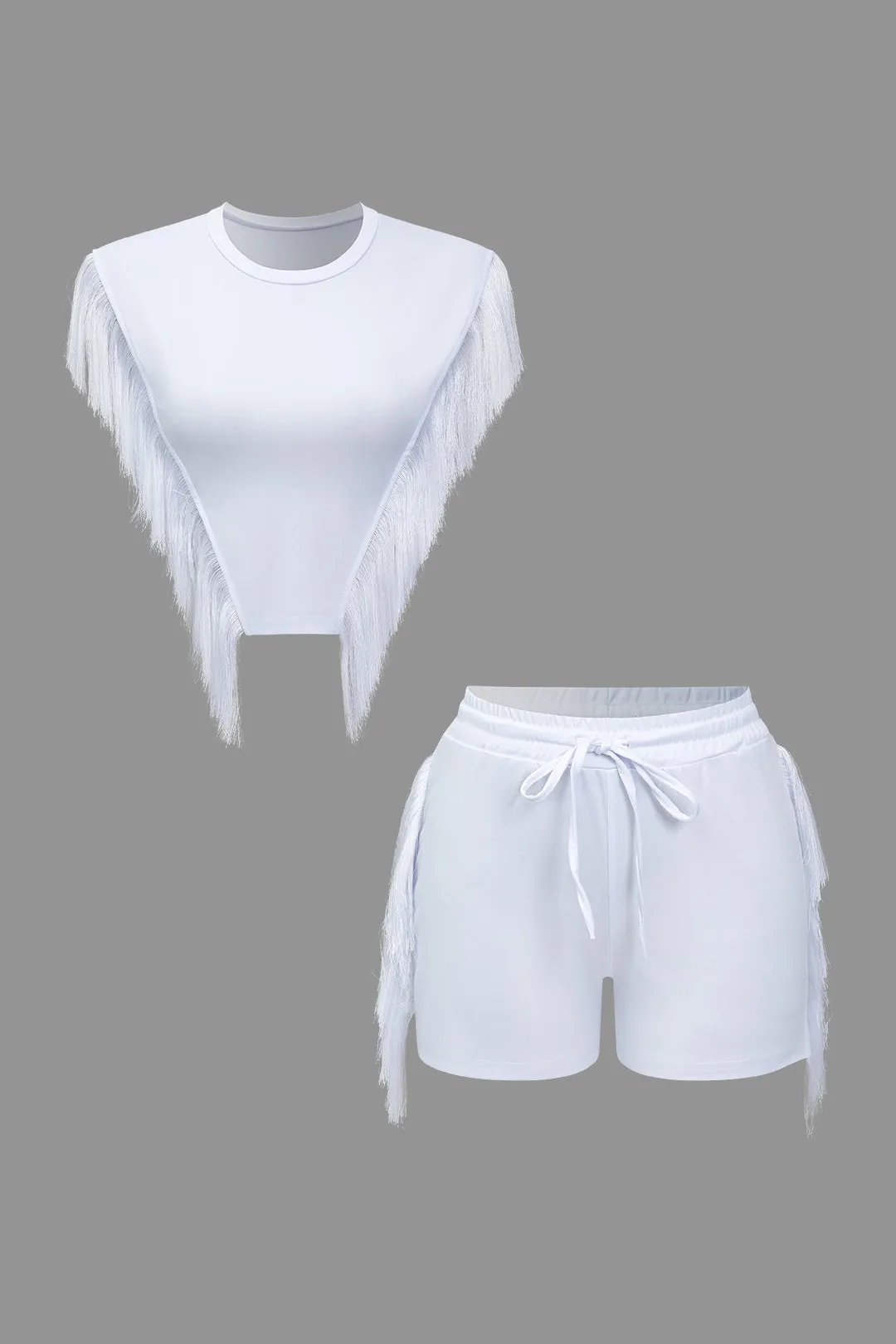 Solid Fringe Vest And Drawstring Shorts Set sold by Micas