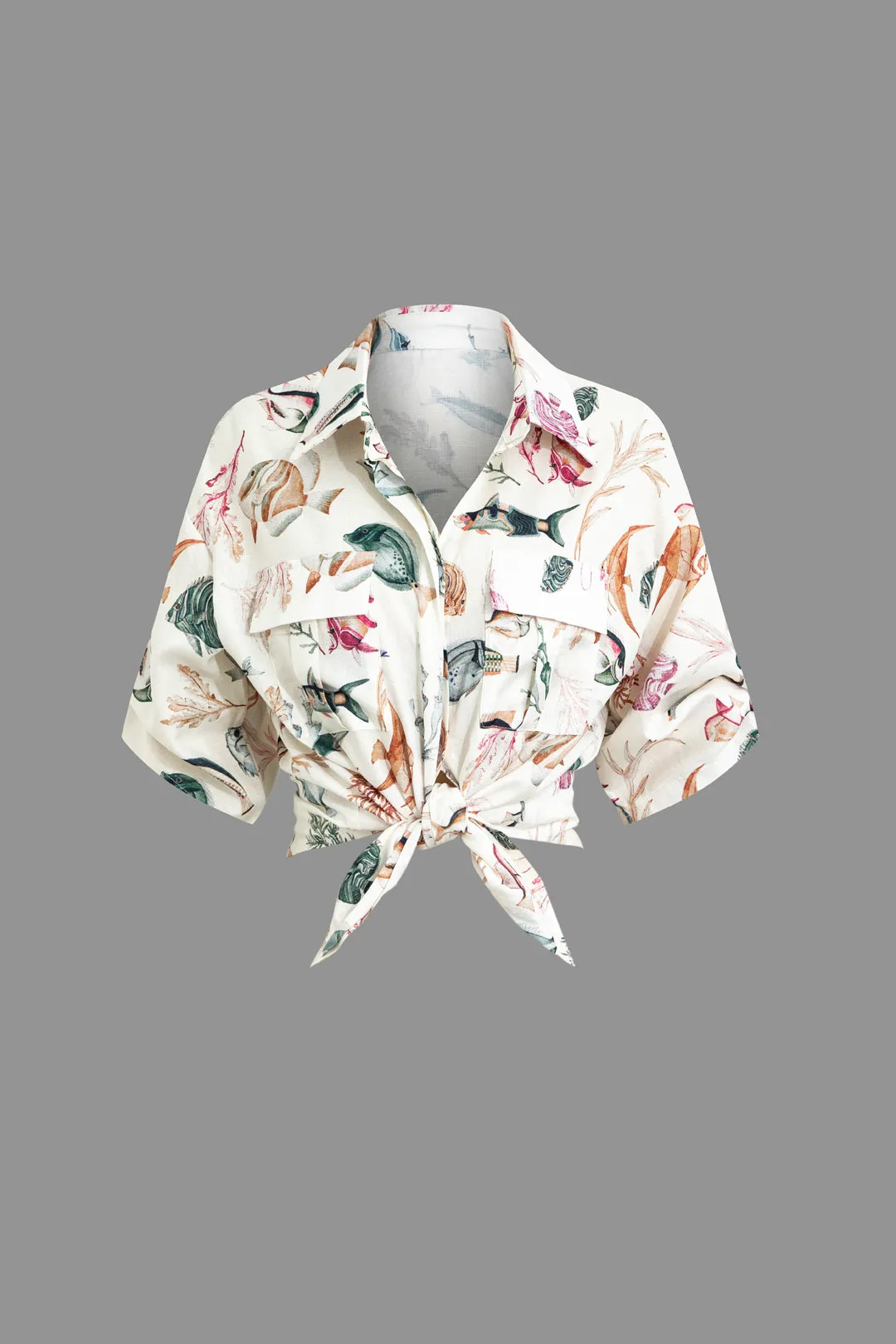 Leaves Print Short Sleeve Top And Drawstring Shorts Set sold by Micas product image thumbnail 4