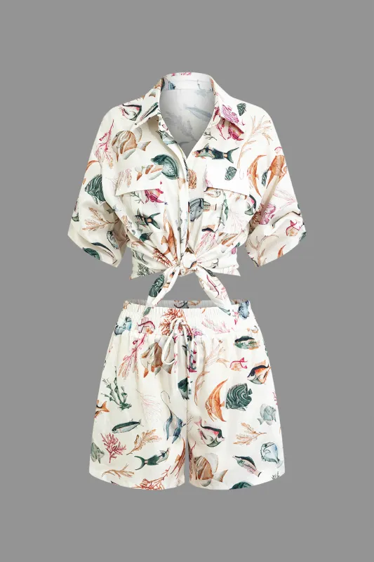 Leaves Print Short Sleeve Top And Drawstring Shorts Set sold by Micas