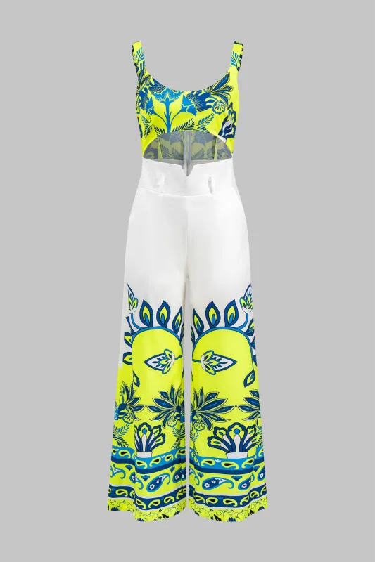 Floral Print Cut Out Cami Top And High Waist Long Trousers Set sold by Micas