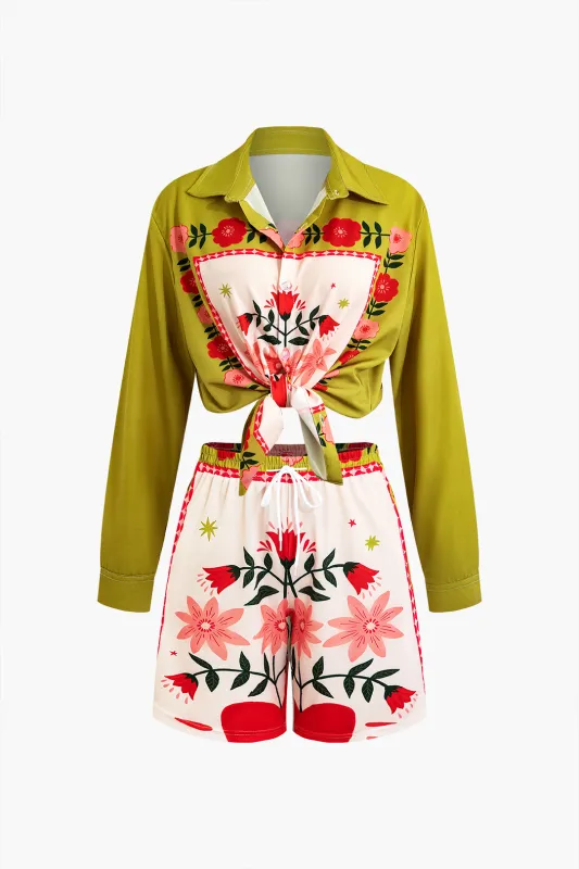 Floral Print Long Sleeve Shirt And Drawstring Shorts Set sold by Micas
