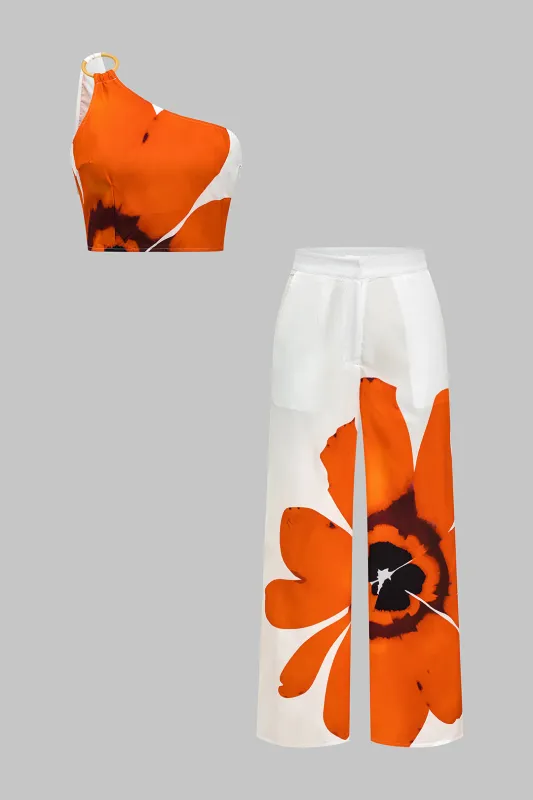 Floral Print Single Shoulder Top And Wide-Leg Trousers Set sold by Micas