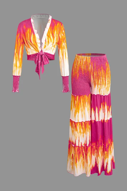 Ombre Print Ruched Tie Up Long Sleeve Top And Loose Pants Set sold by Micas