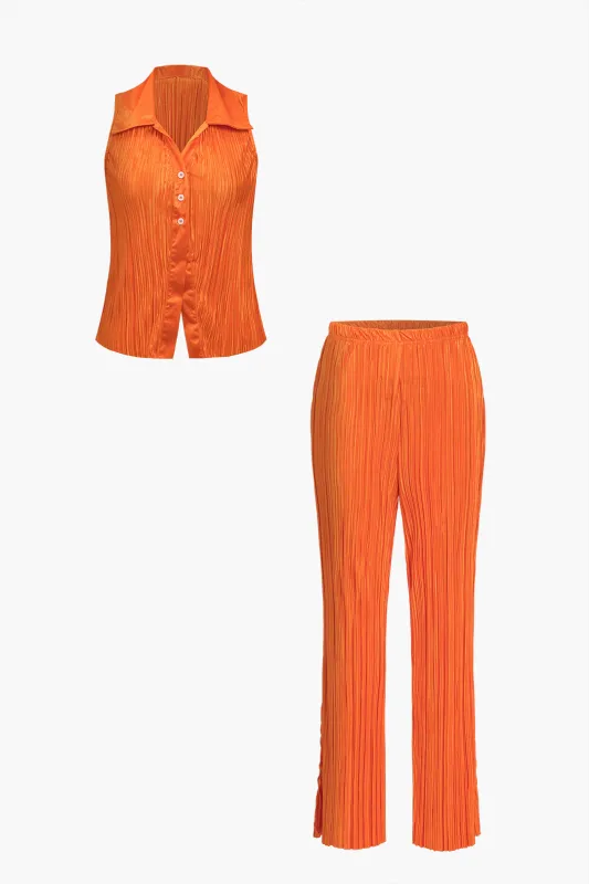 Pleated Button Sleeveless Top And Split Pants Set sold by Micas
