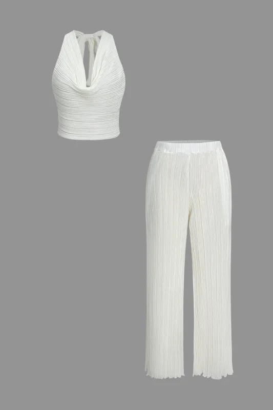Pleated Halter Neck Backless Tie Up Sleeveless Top And Pants Set sold by Micas