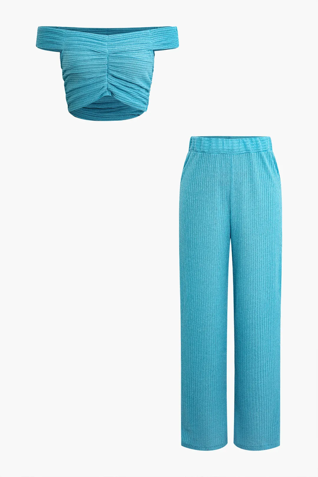Off Shoulder Ruched Top And Wide Leg Pants Set sold by Micas