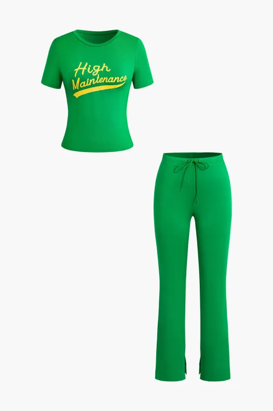 Letter Print Short Sleeve Top And High Waist Slim Pants Set sold by Micas