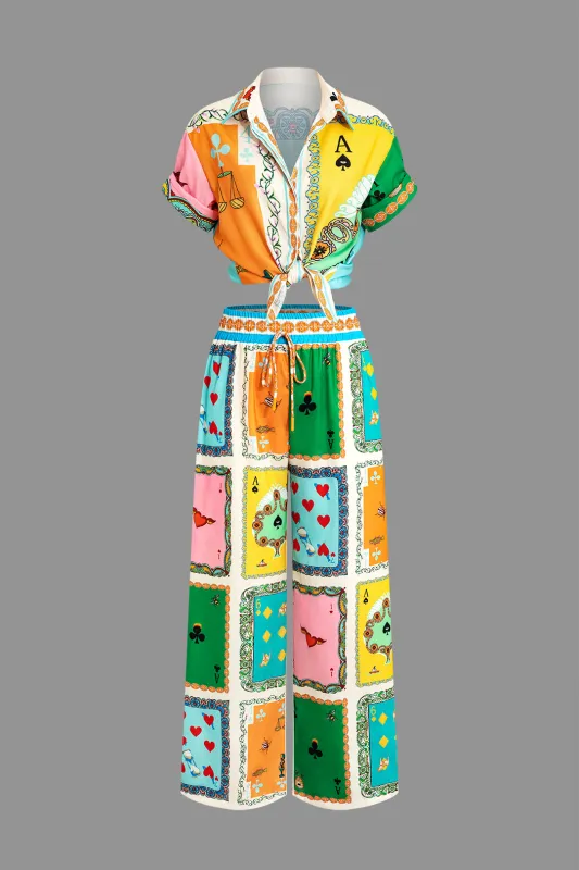 Leaves Print Short Sleeve Top And DrawstringTrousers Set sold by Micas