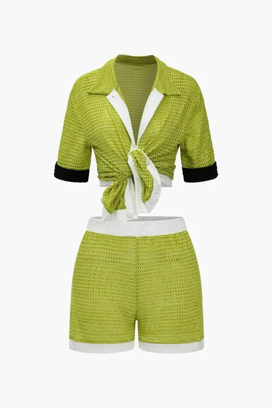 Knit Contrast Cut Out Tie Up Short Sleeves Top And Shorts Set sold by Micas