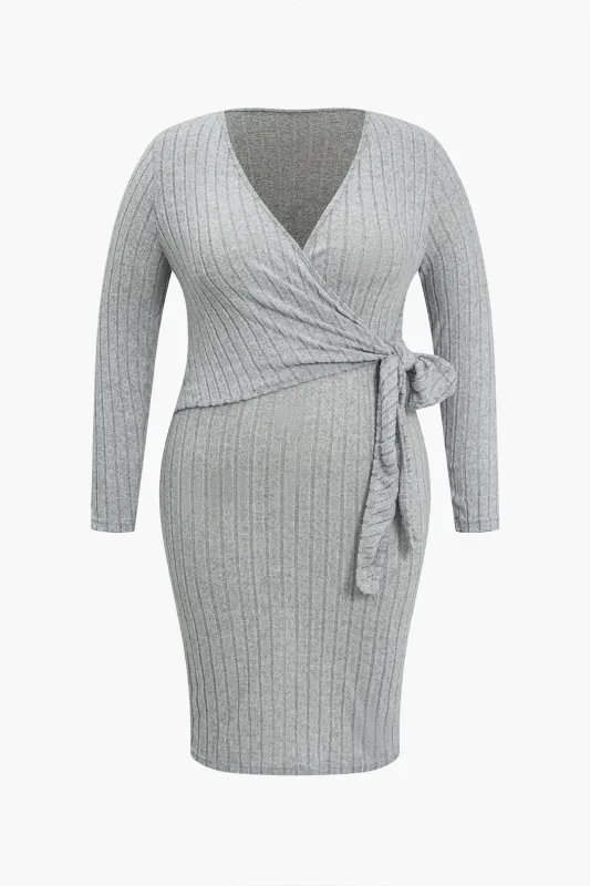 Knit Tie Up Asymmetrical Slit Long Sleeve Dress made by Micas