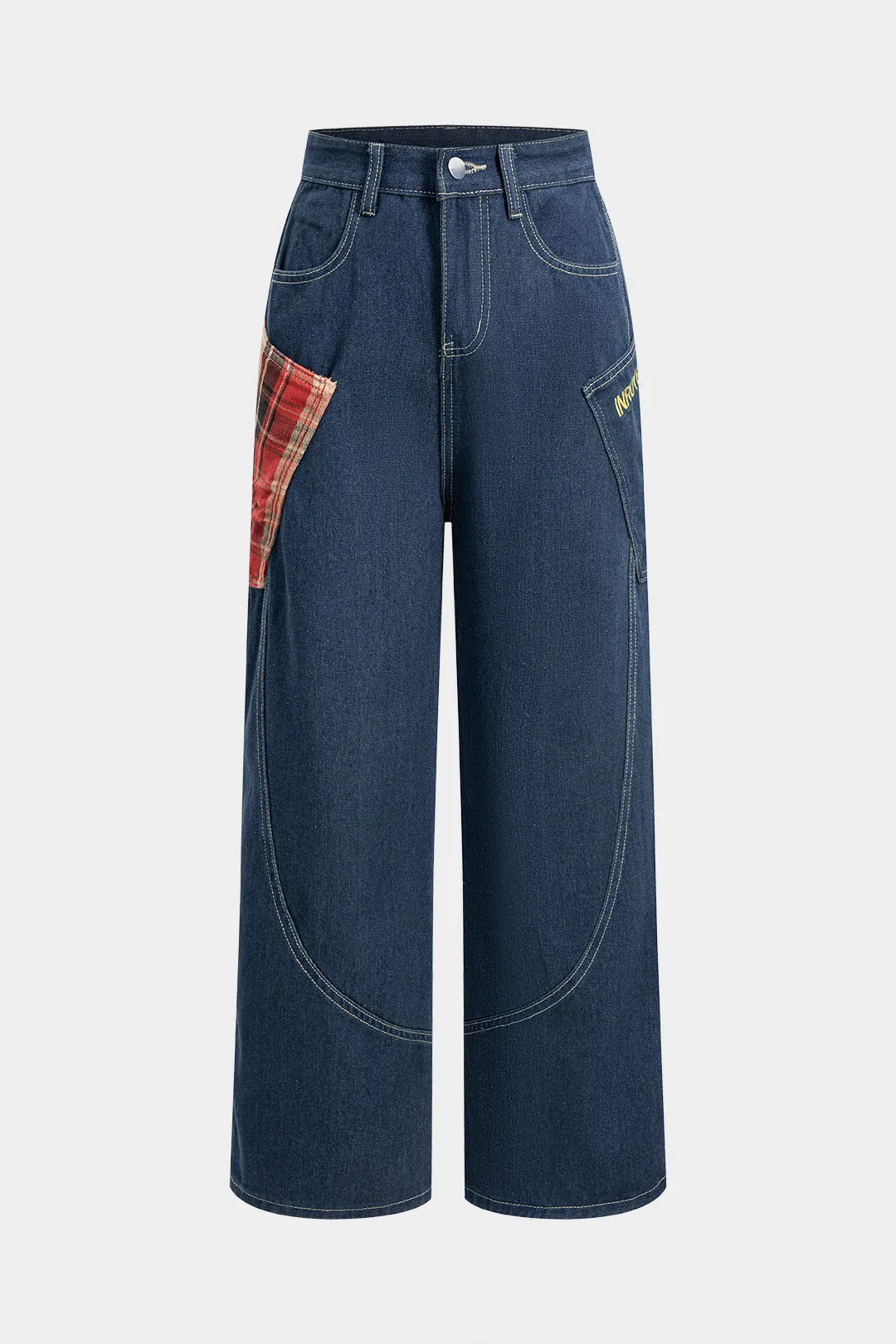 Denim Plaid Print Zipper Asymmetrical Straight Leg Jeans sold by Micas