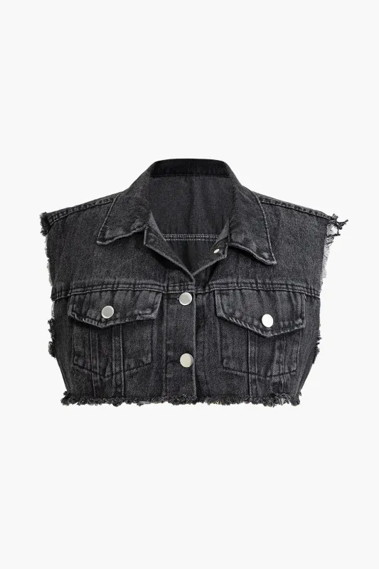Denim Fringe Button Fake Pocket Sleeveless Vest sold by Micas