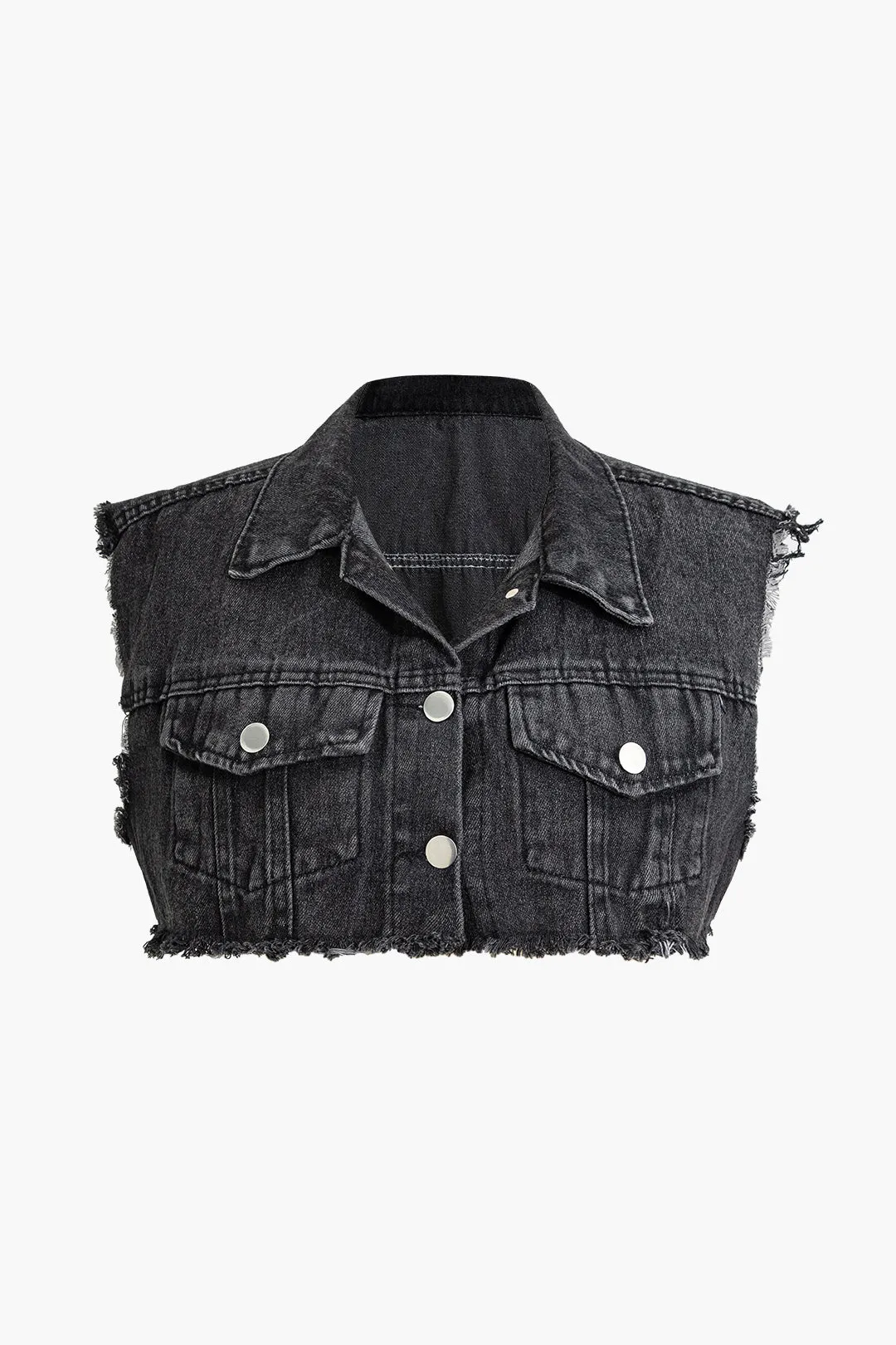 Denim Fringe Button Fake Pocket Sleeveless Vest sold by Micas