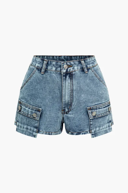 Denim Button Zipper Pocket Shorts sold by Micas