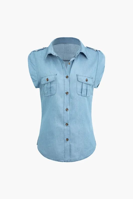 Denim V-Neck Pocket Sleeveless Shirt sold by Micas