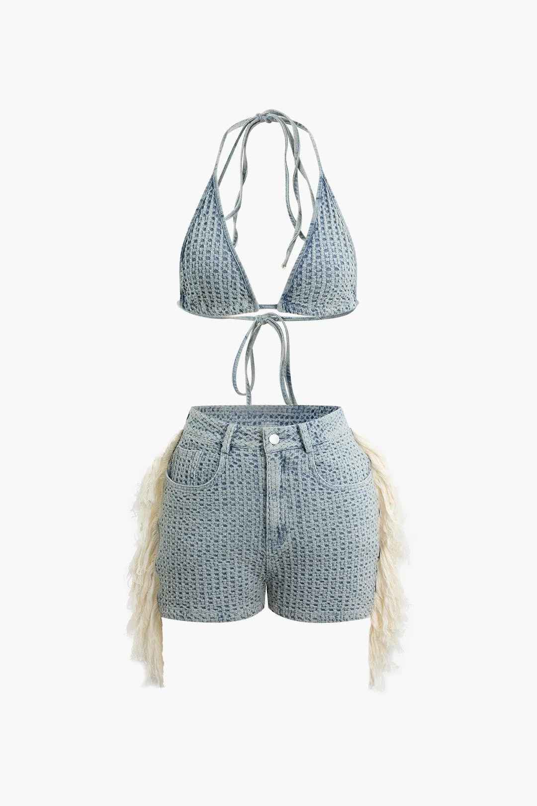 Denim Halter Neck Tie Up Cami Top And Fringe Shorts Suit sold by Micas