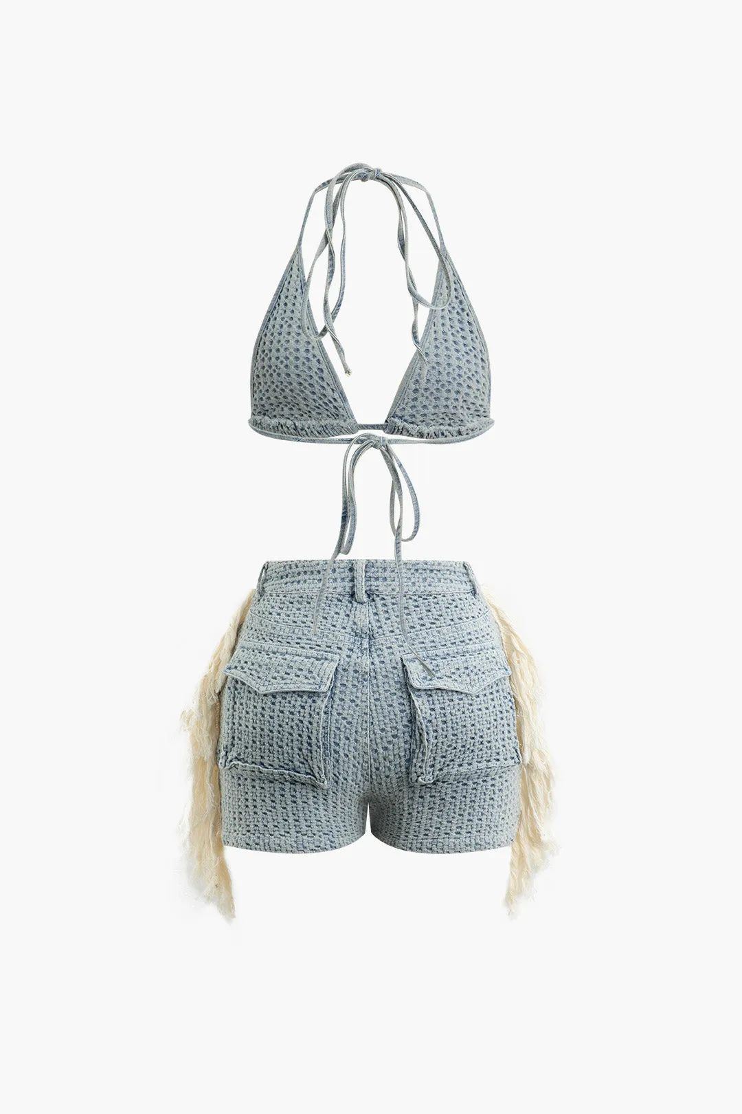 Denim Halter Neck Tie Up Cami Top And Fringe Shorts Suit sold by Micas product image thumbnail 2