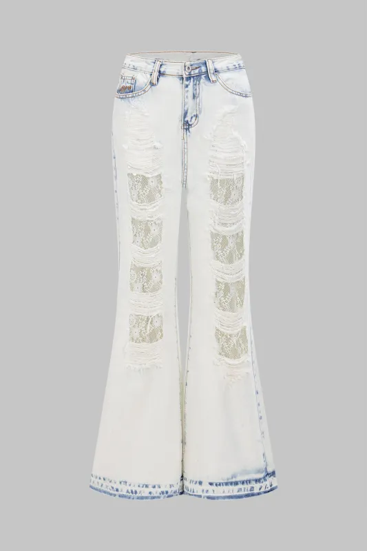 Denim Lace Cut Out Ripped Wide Leg Jeans sold by Micas