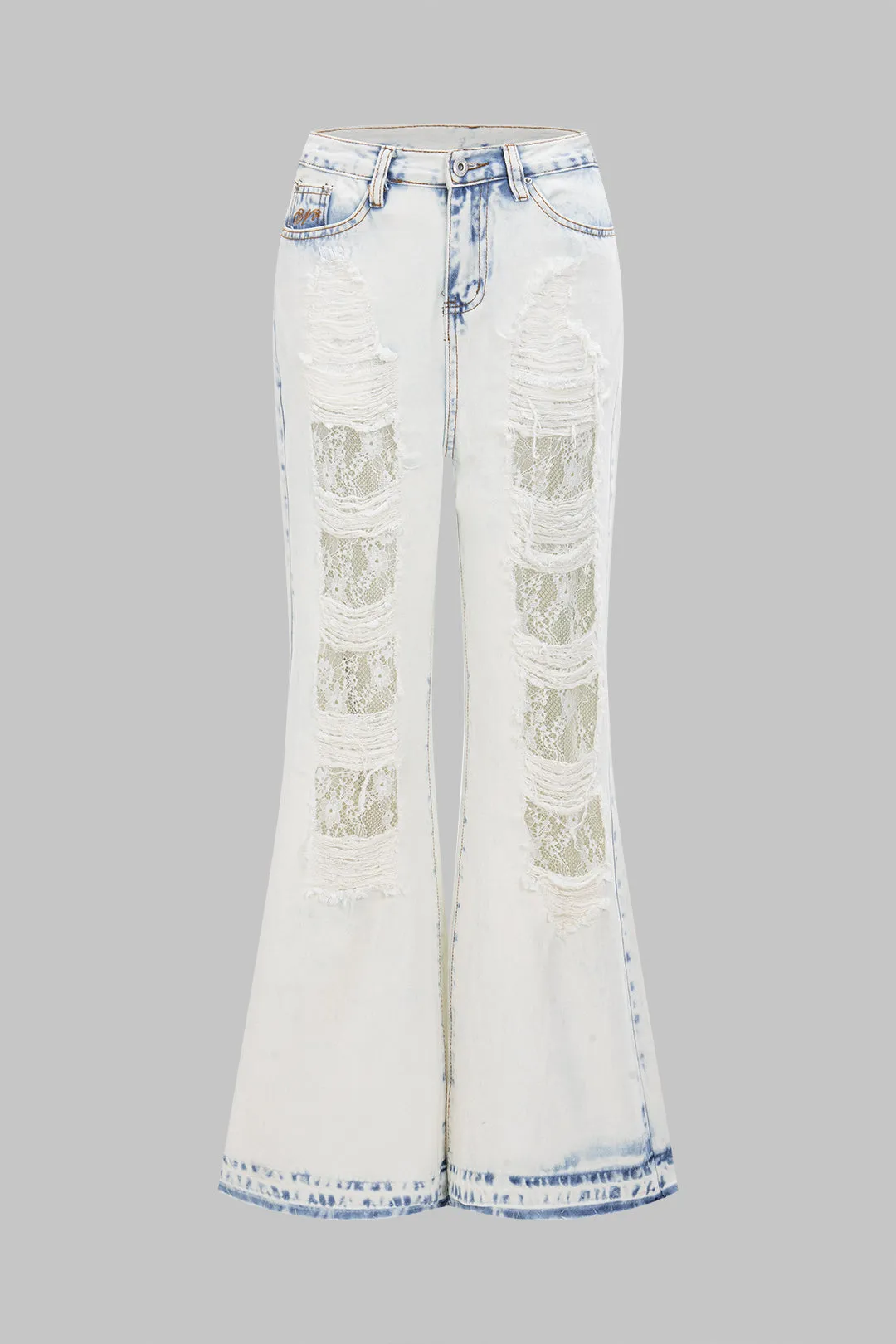 Denim Lace Cut Out Ripped Wide Leg Jeans sold by Micas