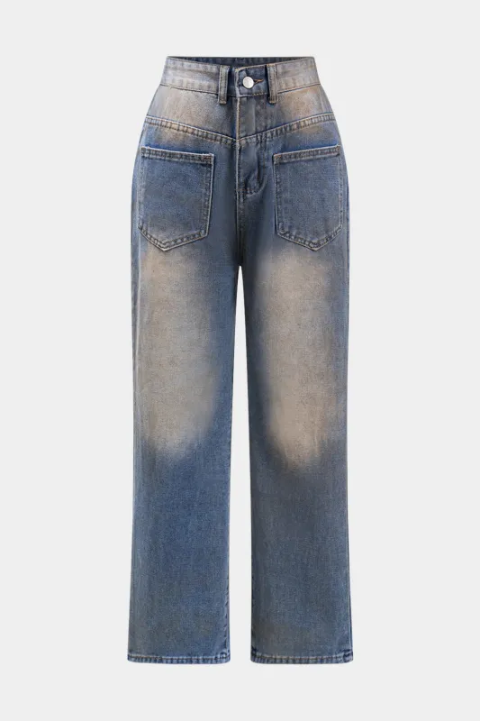 Denim Pocket Straight Wide Leg Jeans sold by Micas