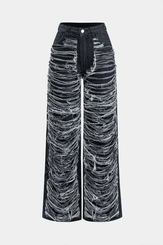 Denim Frayed  Cut Out Button Zipper Wide Leg Jeans sold by Micas