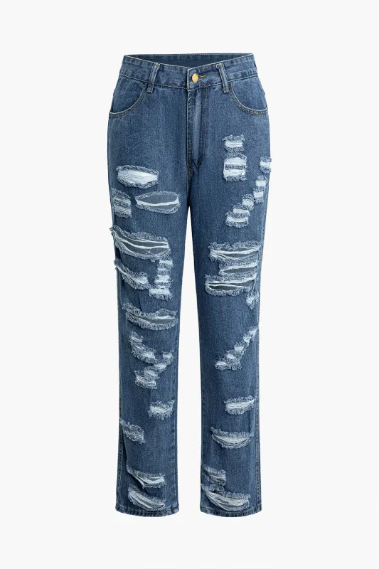 Denim Frayed Fringe Straight Leg Jeans sold by Micas
