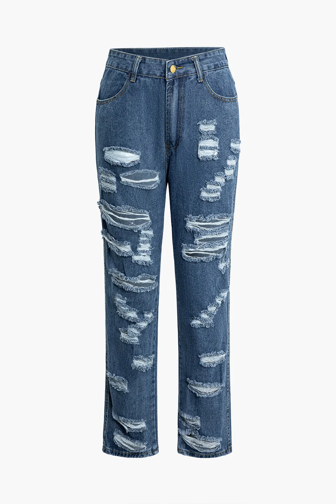 Denim Frayed Fringe Straight Leg Jeans sold by Micas