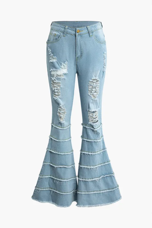 Denim Fringe Decor Ripped Flared Jeans sold by Micas