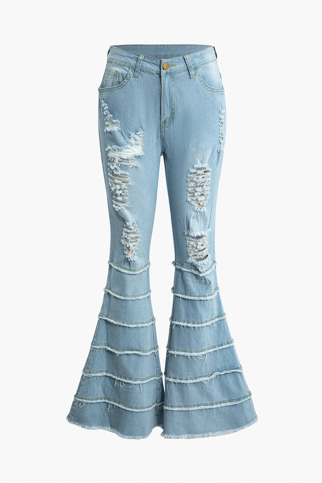 Denim Fringe Decor Ripped Flared Jeans sold by Micas