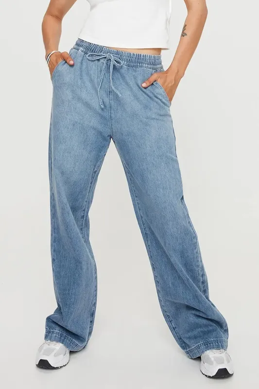 Denim Pocket Drawstring Tie Up Wide Leg Jeans sold by Micas
