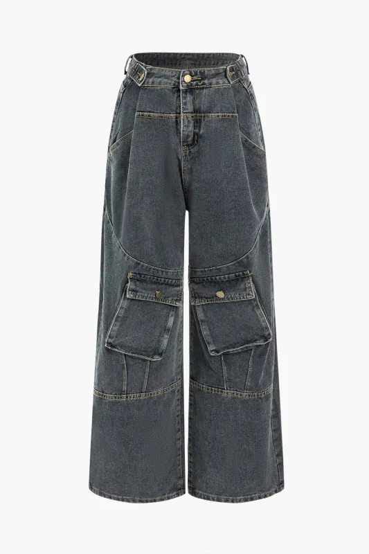 Denim Asymmetrical Pocket Wide Leg Jeans sold by Micas