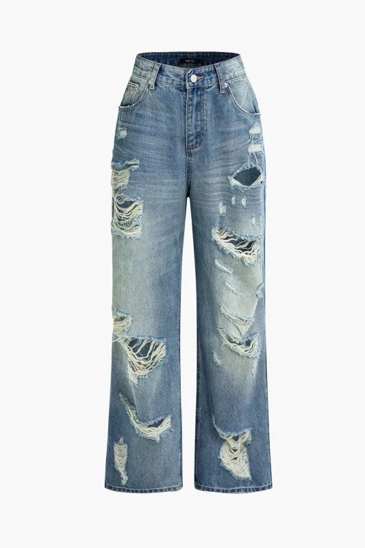 Denim Ripped Cut Out Frayed Wide Leg Jeans sold by Micas