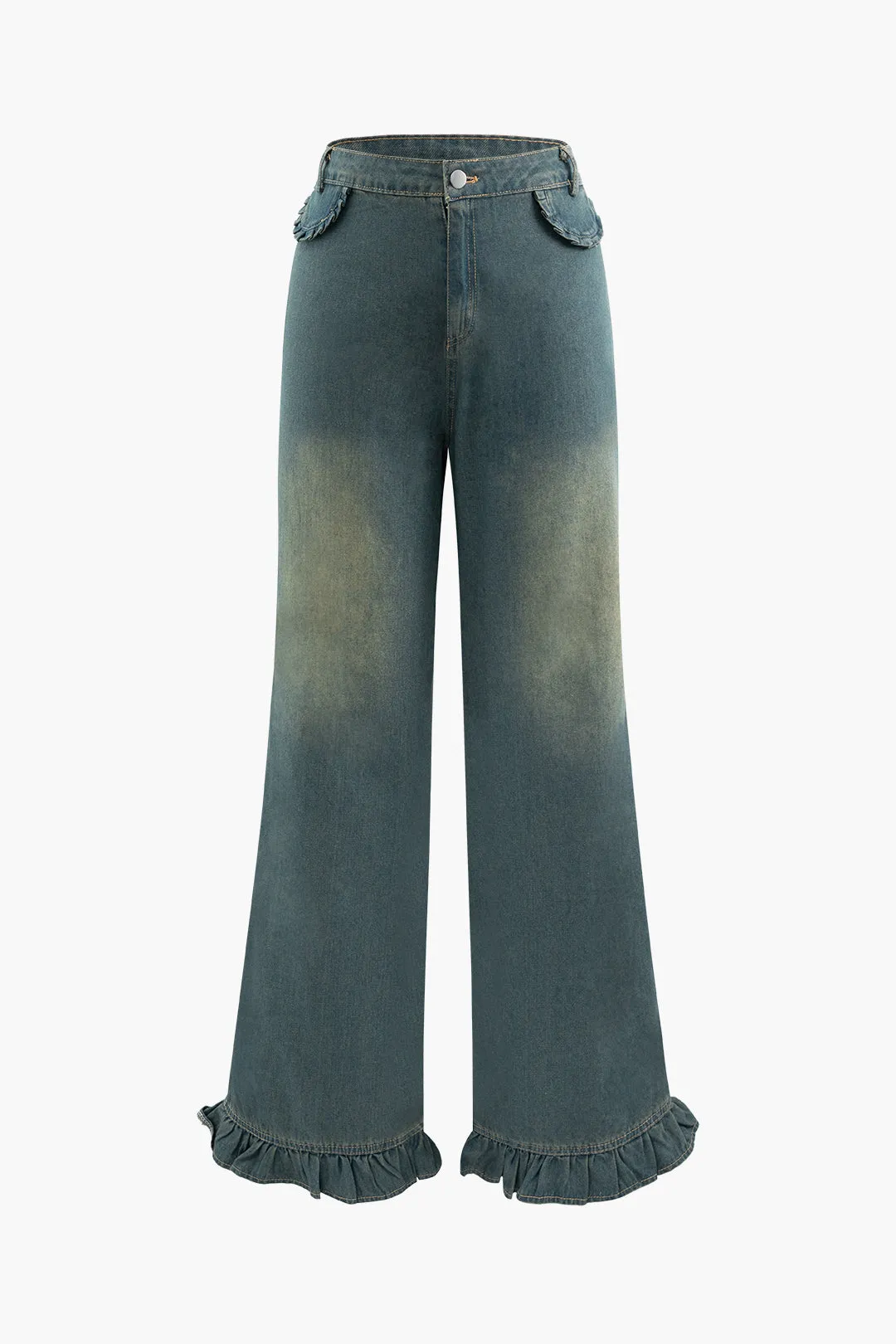 Denim Ruffle Hem Ruched Straight Wide-Leg Long Jeans sold by Micas