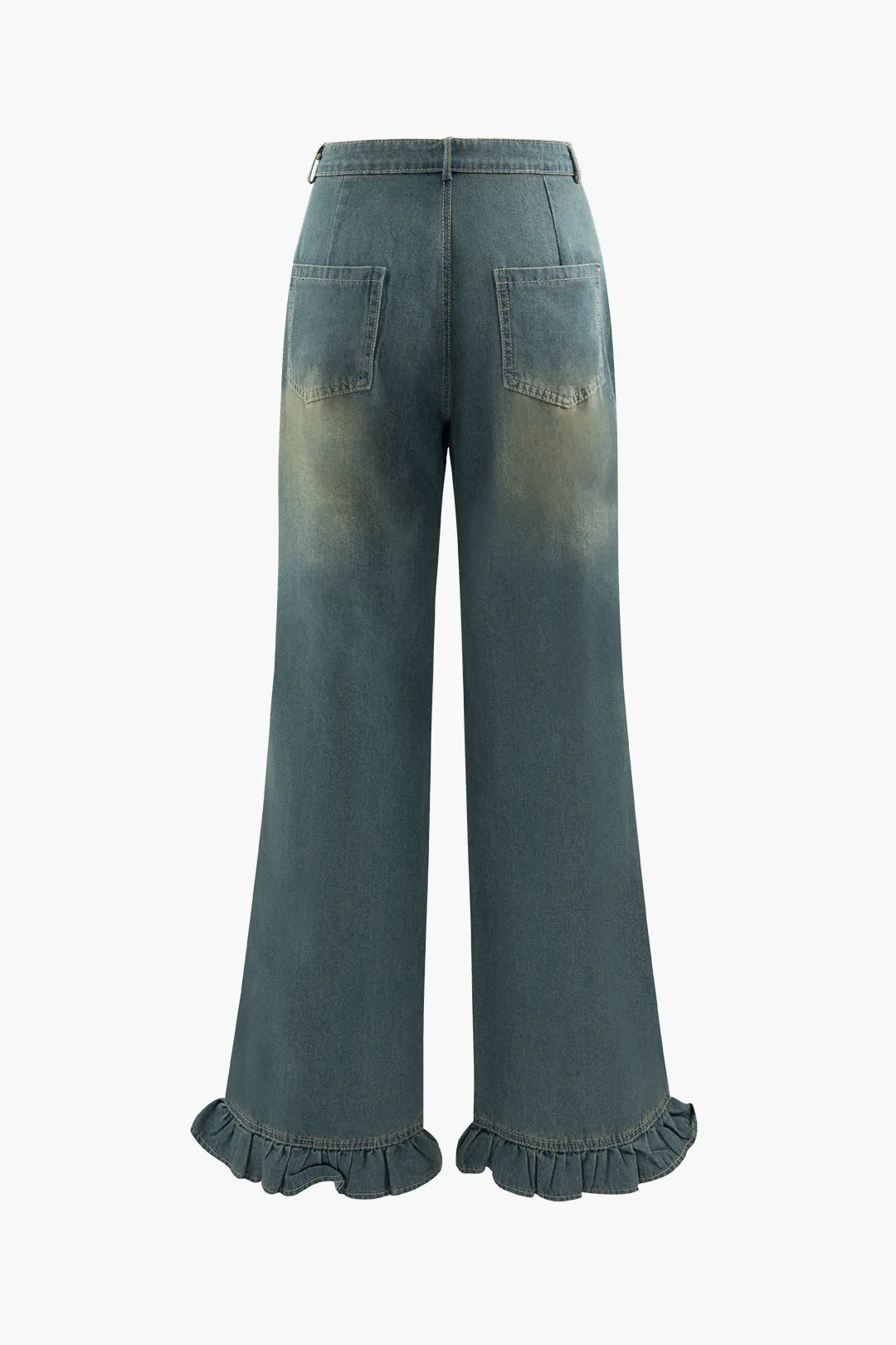 Denim Ruffle Hem Ruched Straight Wide-Leg Long Jeans sold by Micas product image thumbnail 2