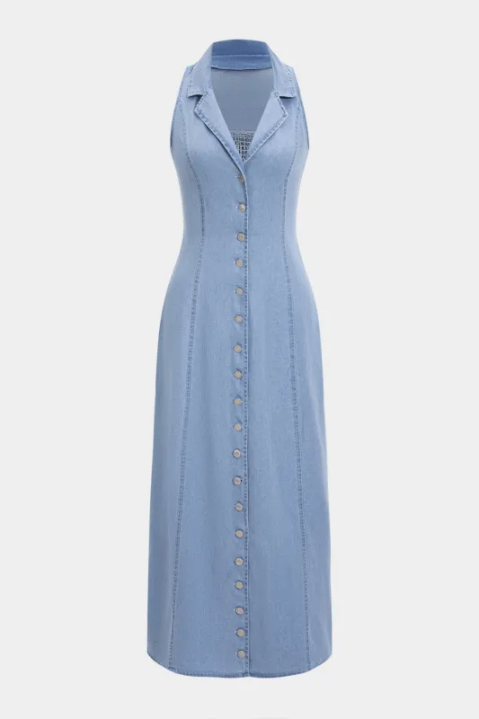 Denim Button Halter Neck Shirred Sleeveless Dress sold by Micas