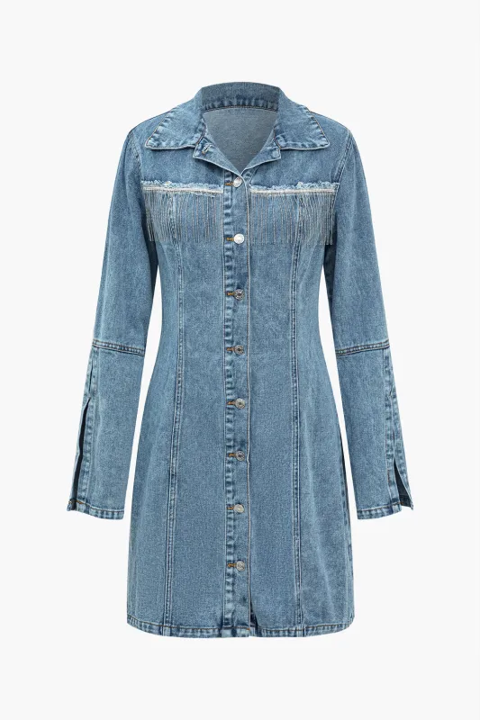 Denim Button Fringe Decor Frayed Long Sleeve Dress sold by Micas