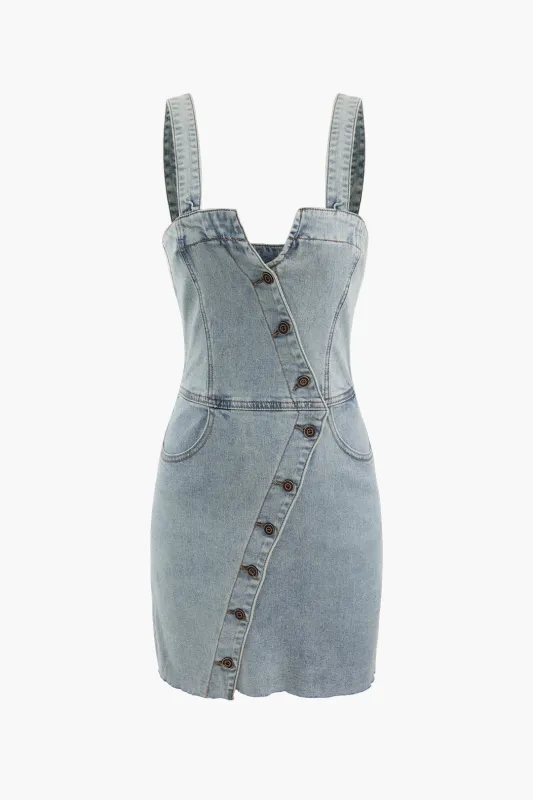 Denim Asymmetrical Button Sleeveless Dress sold by Micas