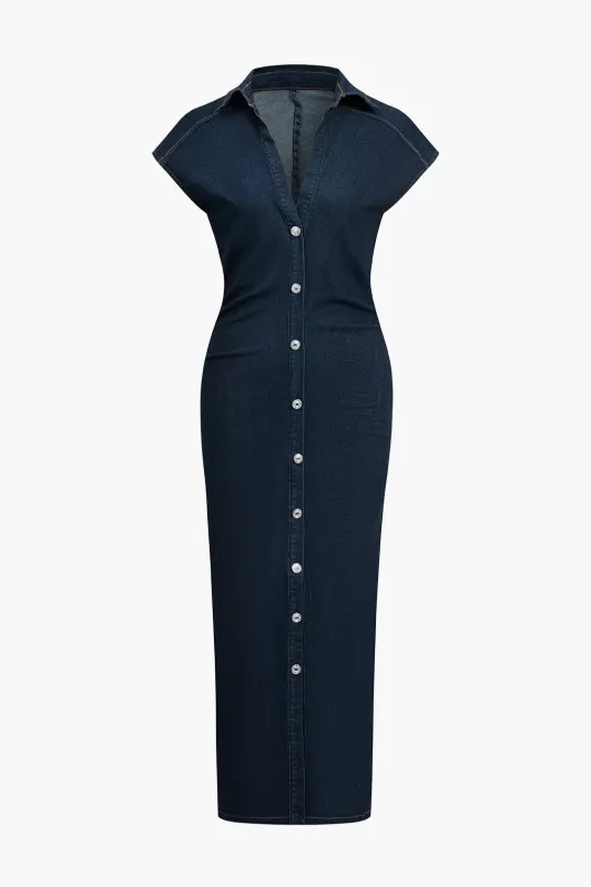 Denim V-Neck Flutter Sleeve Button Dress sold by Micas