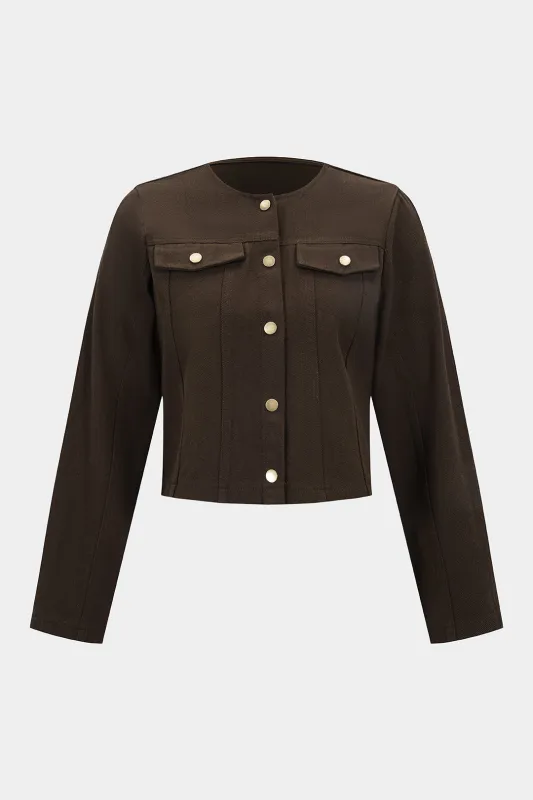 Denim Round Neck Button Pocket Outerwear sold by Micas