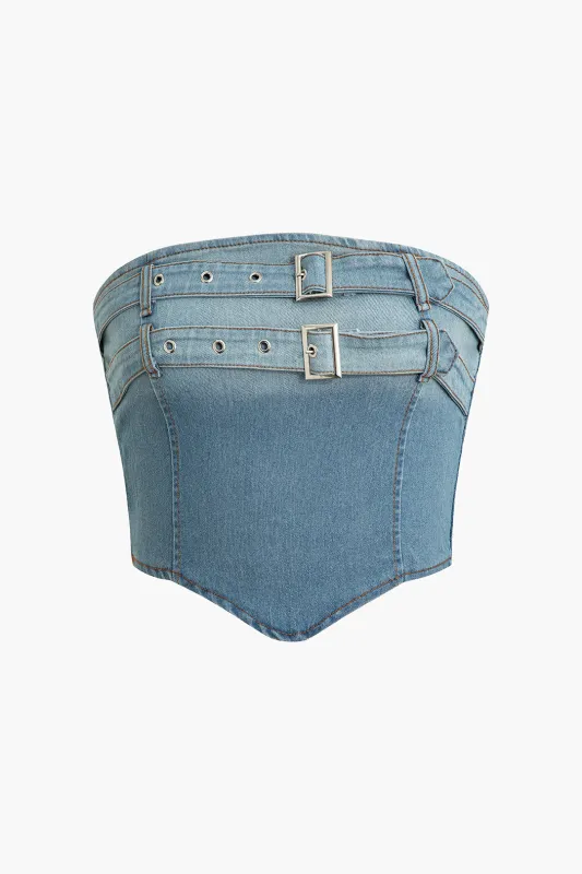 Denim Washed Asymmetrical Smocked Zipper Belted Tube Top sold by Micas