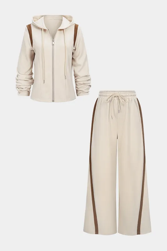Contrast Hooded Zipper Sweatshirt And Shirred Waistband Drawstring Pants Set sold by Micas