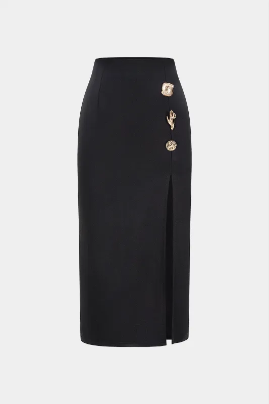 Metallic Decor Button Side Split High Waist Skirt sold by Micas