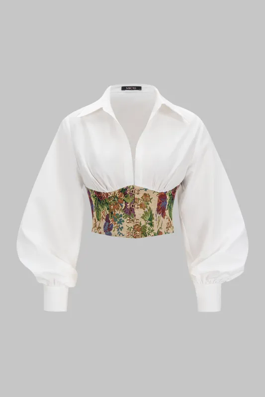 Floral Print Jacquard Ruched Balloon Sleeve Top sold by Micas